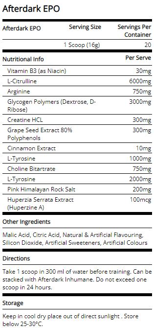 AFTERDARK EPO+PUMP Nitric Oxide formula Snow Cone flavour 20 serves