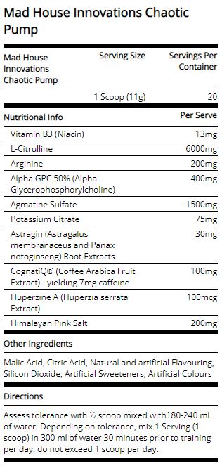 Mad House CHAOTIC PUMP Nitric Oxide Booster Peach Blast flavour 20 serves