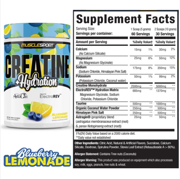 Musclesport Creatine + Hydration Blueberry Lemonade flavour 60 servings