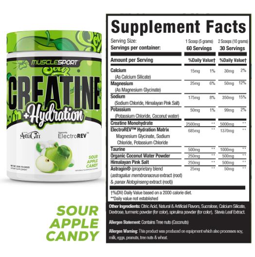 Musclesport Creatine + Hydration Sour Apple Candy flavour 60 servings